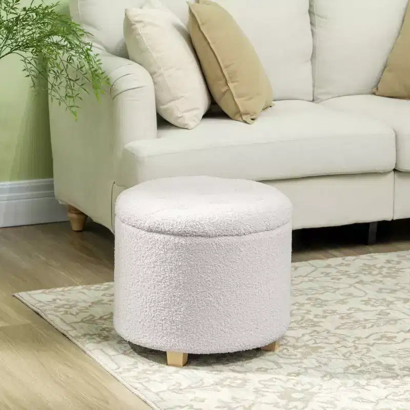 Pouf rotondo da 18 pollici con contenitore, poggiapiedi con coperchio in pile Teddy trapuntato a bottoni per soggiorno e corridoio