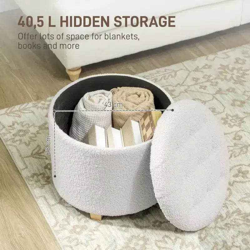 Pouf rotondo da 18 pollici con contenitore, poggiapiedi con coperchio in pile Teddy trapuntato a bottoni per soggiorno e corridoio