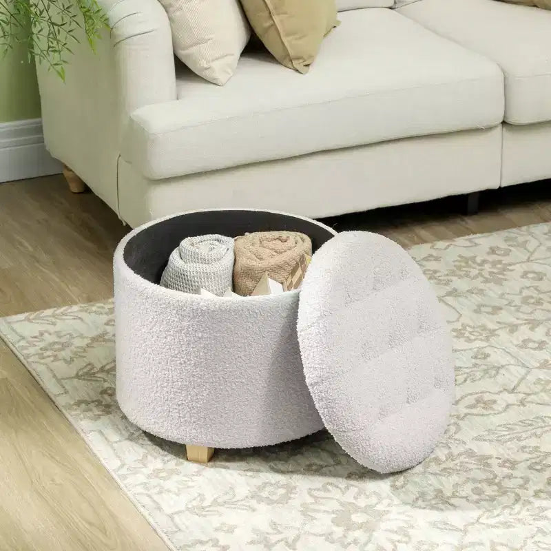 Pouf rotondo da 18 pollici con contenitore, poggiapiedi con coperchio in pile Teddy trapuntato a bottoni per soggiorno e corridoio