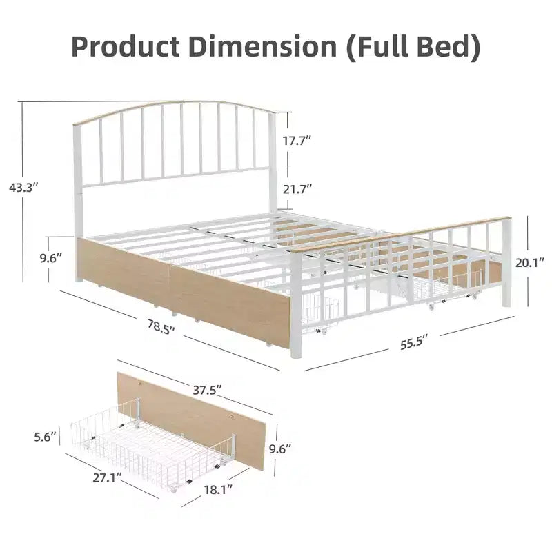 GustoWave Letto in metallo moderno con 4 cassetti contenitore, Classico letto a piattaforma in metallo, Silenzioso