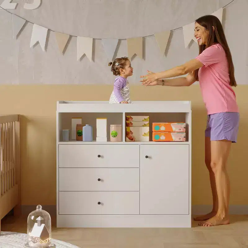 Comò fasciatoio bianco per cameretta  Stazione fasciatoio in legno alta con 3 cassetti e 2 ripiani per la cameretta dei bambini (1 pezzo)