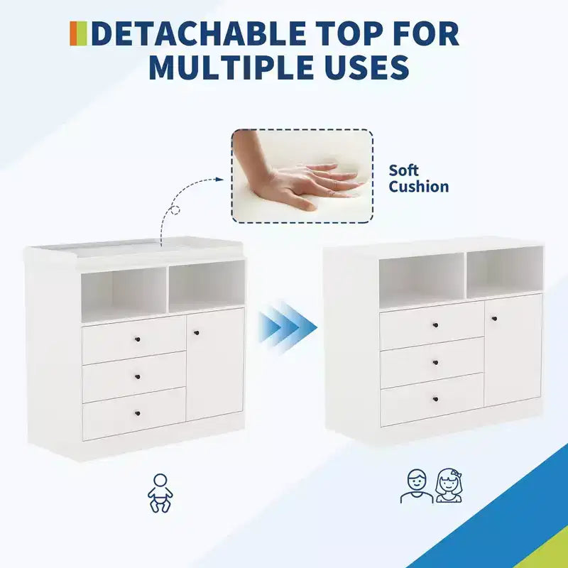 Comò fasciatoio bianco per cameretta  Stazione fasciatoio in legno alta con 3 cassetti e 2 ripiani per la cameretta dei bambini (1 pezzo)