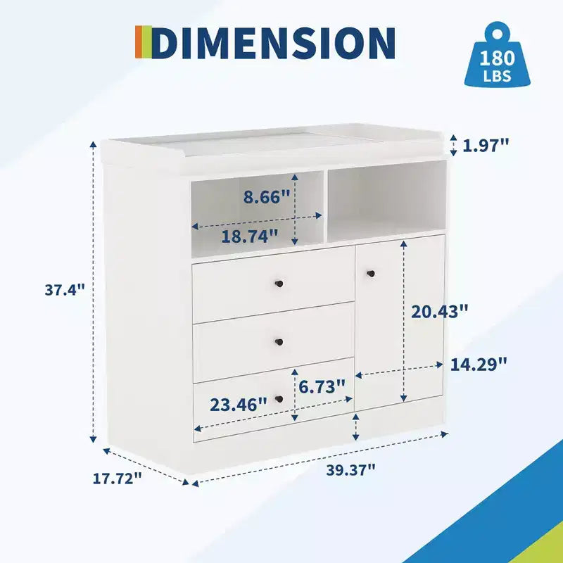 Comò fasciatoio bianco per cameretta  Stazione fasciatoio in legno alta con 3 cassetti e 2 ripiani per la cameretta dei bambini (1 pezzo)