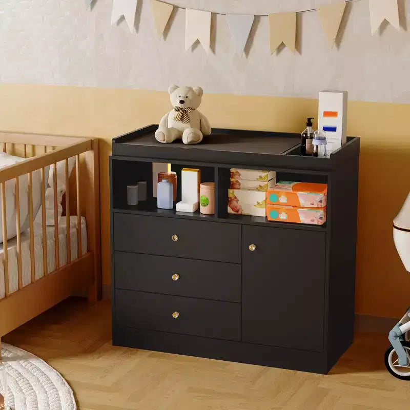 Comò fasciatoio bianco per cameretta  Stazione fasciatoio in legno alta con 3 cassetti e 2 ripiani per la cameretta dei bambini (1 pezzo)
