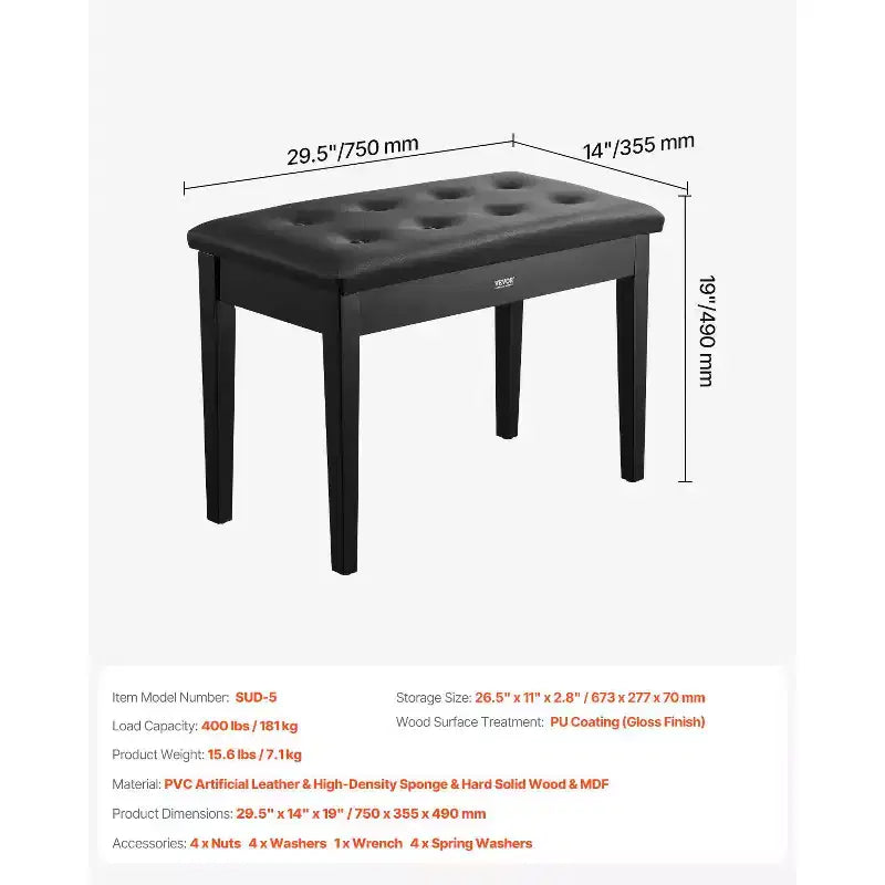 VEVOR Panchina per Pianoforte, 75 x 35 x 48 cm, Sedia per Pianoforte/Tastiera a Due Posti con Cuscino Imbottito ad Alta Densità, Vano Portaoggetti per Spartiti Musicali, Nero