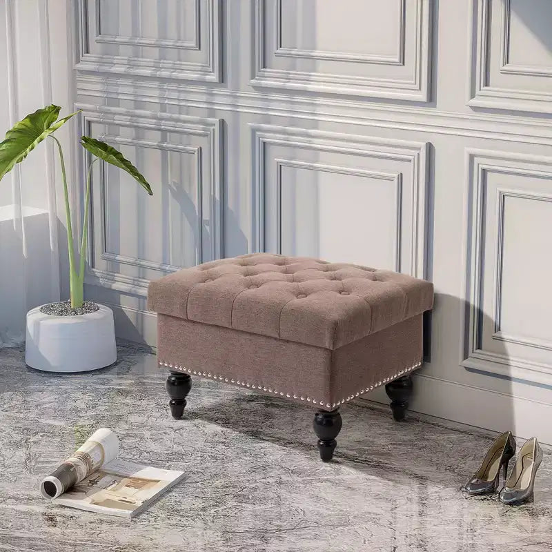 Pouf Contenitore per Soggiorno, Pouf Contenitore da 63,5 cm con Coperchio Rimovibile, Panca in Tessuto Trapuntato con Bottoni per Poggiapiedi e Seduta con Gambe in Legno