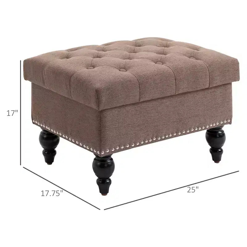 Pouf Contenitore per Soggiorno, Pouf Contenitore da 63,5 cm con Coperchio Rimovibile, Panca in Tessuto Trapuntato con Bottoni per Poggiapiedi e Seduta con Gambe in Legno