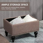 Pouf Contenitore per Soggiorno, Pouf Contenitore da 63,5 cm con Coperchio Rimovibile, Panca in Tessuto Trapuntato con Bottoni per Poggiapiedi e Seduta con Gambe in Legno