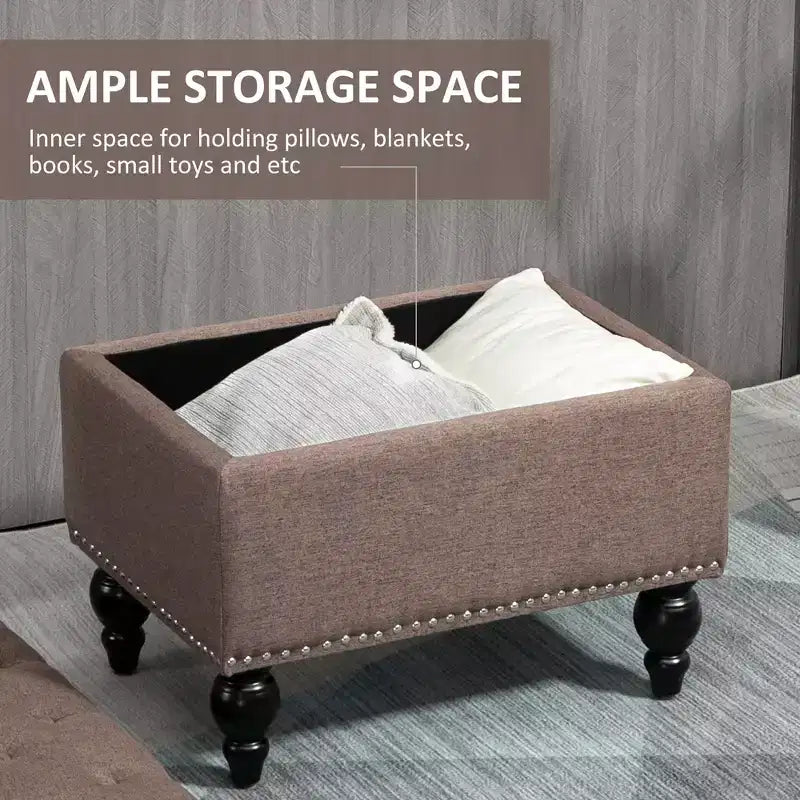 Pouf Contenitore per Soggiorno, Pouf Contenitore da 63,5 cm con Coperchio Rimovibile, Panca in Tessuto Trapuntato con Bottoni per Poggiapiedi e Seduta con Gambe in Legno