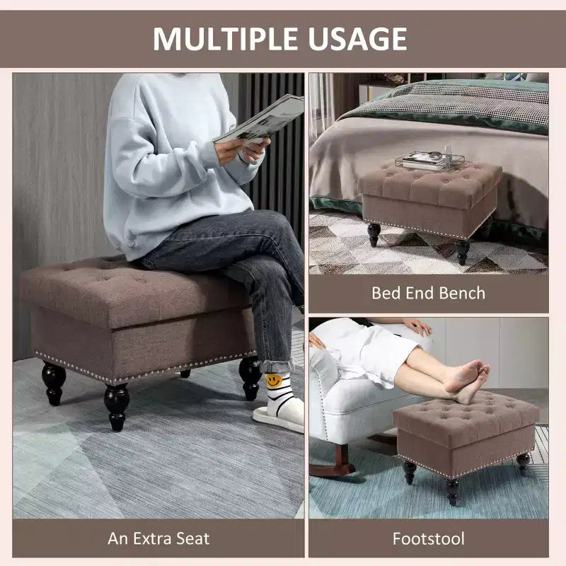 Pouf Contenitore per Soggiorno, Pouf Contenitore da 63,5 cm con Coperchio Rimovibile, Panca in Tessuto Trapuntato con Bottoni per Poggiapiedi e Seduta con Gambe in Legno