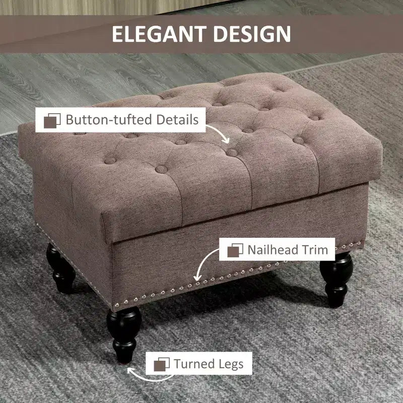 Pouf Contenitore per Soggiorno, Pouf Contenitore da 63,5 cm con Coperchio Rimovibile, Panca in Tessuto Trapuntato con Bottoni per Poggiapiedi e Seduta con Gambe in Legno