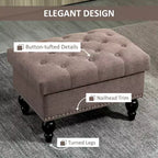 Pouf Contenitore per Soggiorno, Pouf Contenitore da 63,5 cm con Coperchio Rimovibile, Panca in Tessuto Trapuntato con Bottoni per Poggiapiedi e Seduta con Gambe in Legno