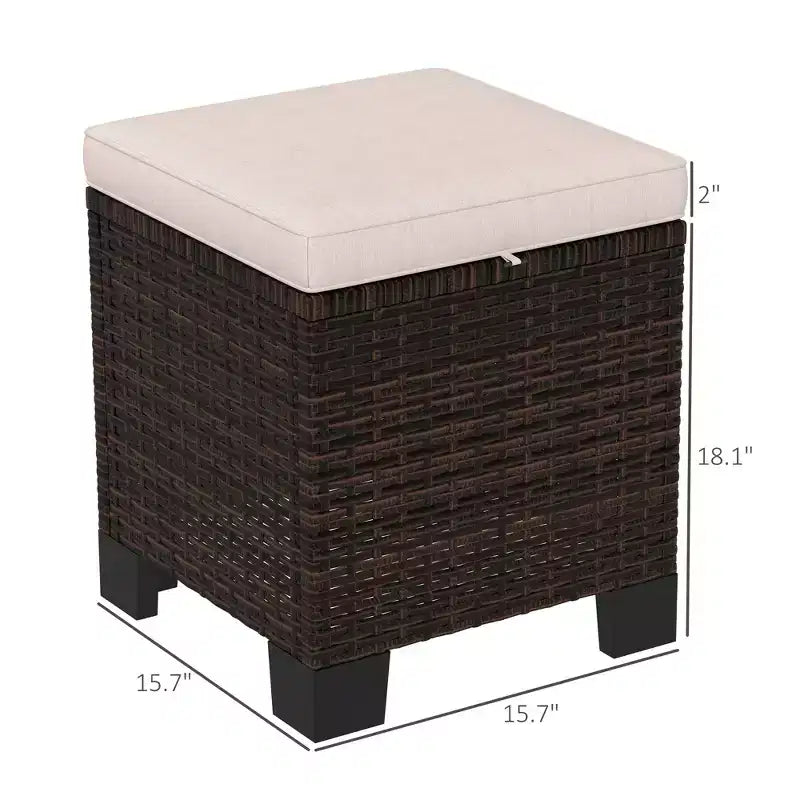 2 Pouf Ottomani da Esterno in Vimini con Cuscini, Poggiapiedi e Tavolino in Rattan per Patio, Piscina