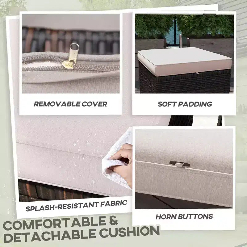 2 Pouf Ottomani da Esterno in Vimini con Cuscini, Poggiapiedi e Tavolino in Rattan per Patio, Piscina