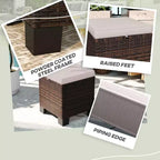 2 Pouf Ottomani da Esterno in Vimini con Cuscini, Poggiapiedi e Tavolino in Rattan per Patio, Piscina