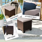 2 Pouf Ottomani da Esterno in Vimini con Cuscini, Poggiapiedi e Tavolino in Rattan per Patio, Piscina