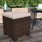 2 Pouf Ottomani da Esterno in Vimini con Cuscini, Poggiapiedi e Tavolino in Rattan per Patio, Piscina
