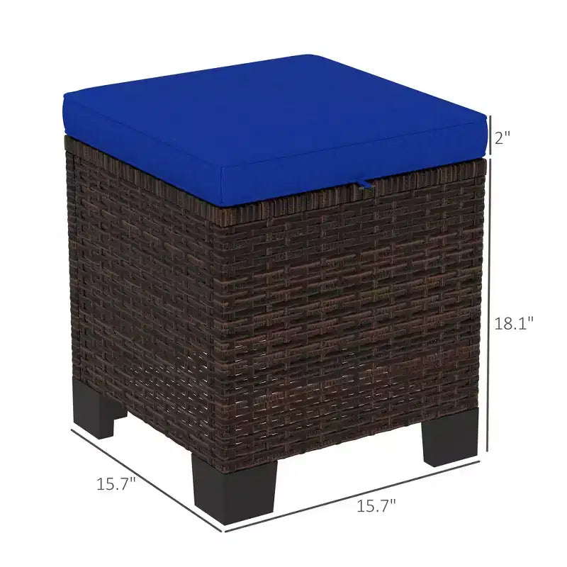 2 Pouf Ottomani da Esterno in Vimini con Cuscini, Poggiapiedi e Tavolino in Rattan per Patio, Piscina