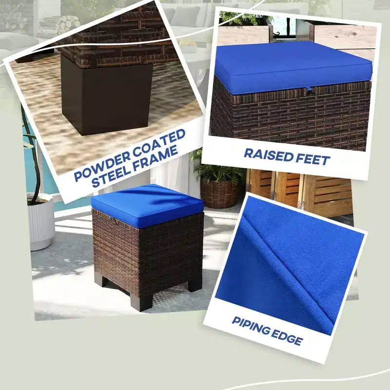 2 Pouf Ottomani da Esterno in Vimini con Cuscini, Poggiapiedi e Tavolino in Rattan per Patio, Piscina