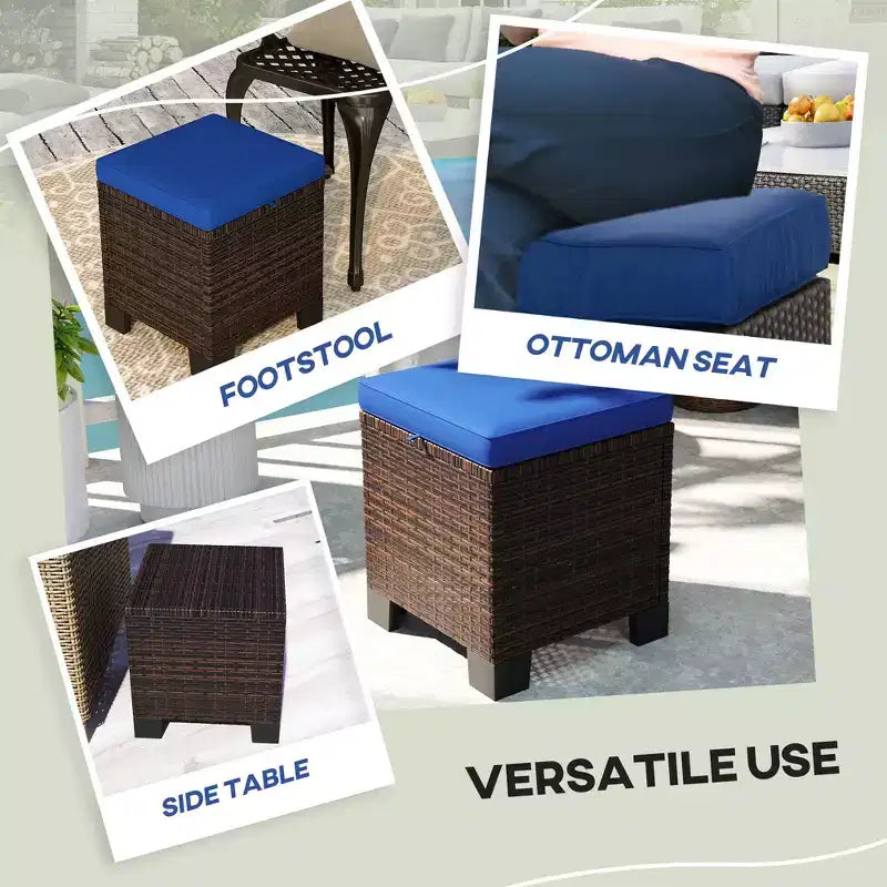 2 Pouf Ottomani da Esterno in Vimini con Cuscini, Poggiapiedi e Tavolino in Rattan per Patio, Piscina