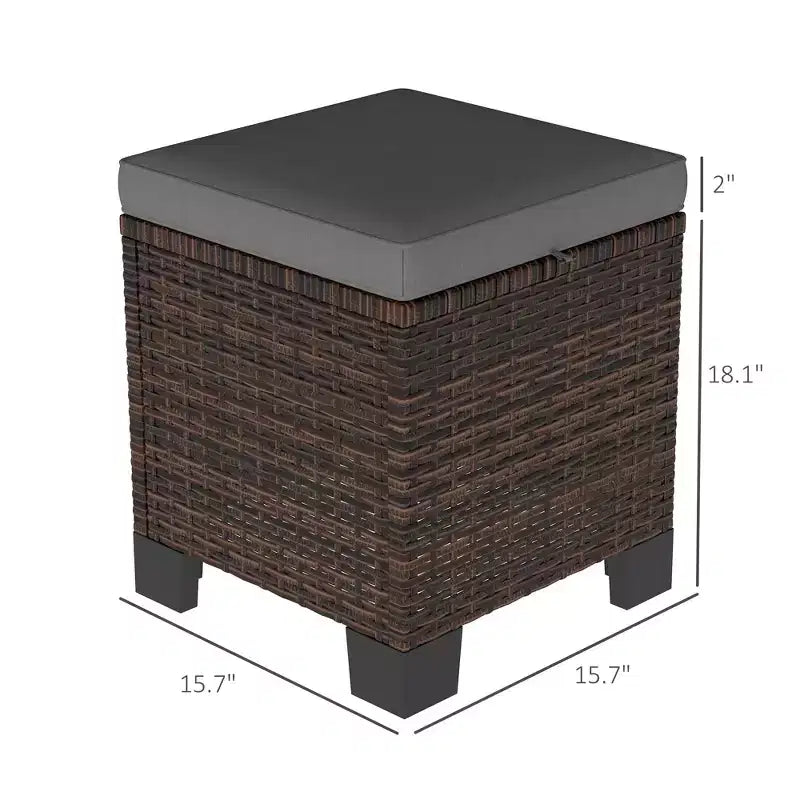 2 Pouf Ottomani da Esterno in Vimini con Cuscini, Poggiapiedi e Tavolino in Rattan per Patio, Piscina