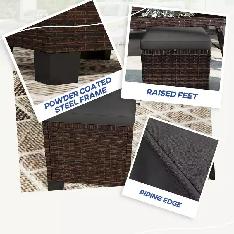 2 Pouf Ottomani da Esterno in Vimini con Cuscini, Poggiapiedi e Tavolino in Rattan per Patio, Piscina