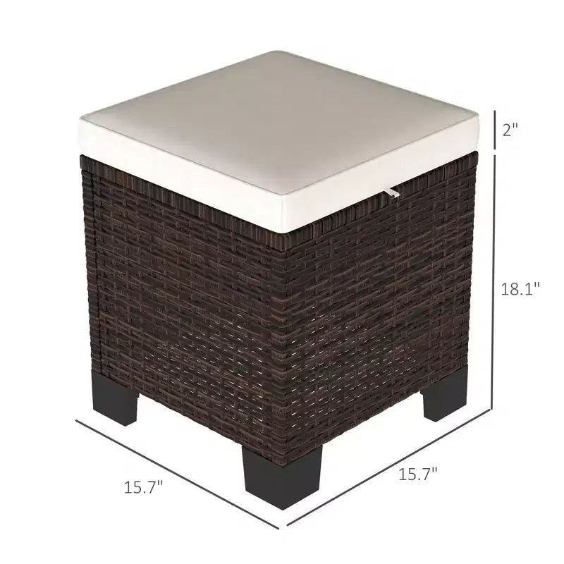 2 Pouf Ottomani da Esterno in Vimini con Cuscini, Poggiapiedi e Tavolino in Rattan per Patio, Piscina