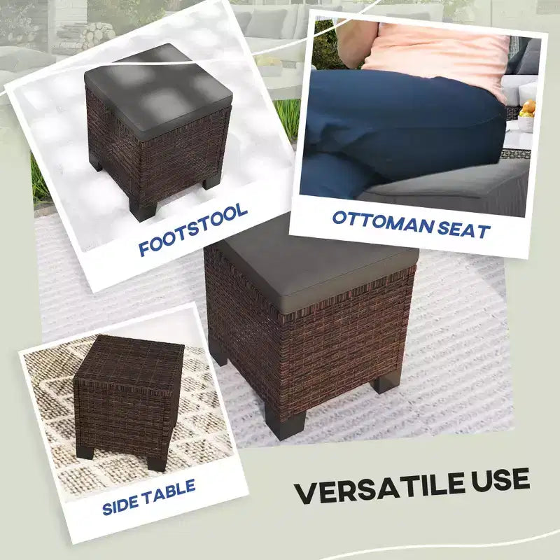 2 Pouf Ottomani da Esterno in Vimini con Cuscini, Poggiapiedi e Tavolino in Rattan per Patio, Piscina