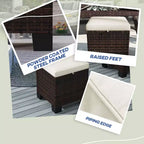 2 Pouf Ottomani da Esterno in Vimini con Cuscini, Poggiapiedi e Tavolino in Rattan per Patio, Piscina