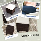 2 Pouf Ottomani da Esterno in Vimini con Cuscini, Poggiapiedi e Tavolino in Rattan per Patio, Piscina