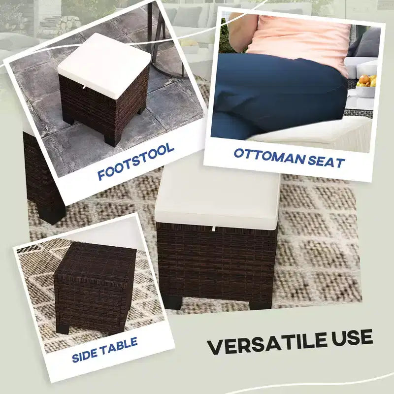 2 Pouf Ottomani da Esterno in Vimini con Cuscini, Poggiapiedi e Tavolino in Rattan per Patio, Piscina