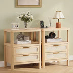Comodini in Rattan Set da 2, Comodini Moderni con 2 Cassetti e Ripiano Aperto, Tavolini Laterali in Legno per Soggiorno, Camera da Leto e Ufficio