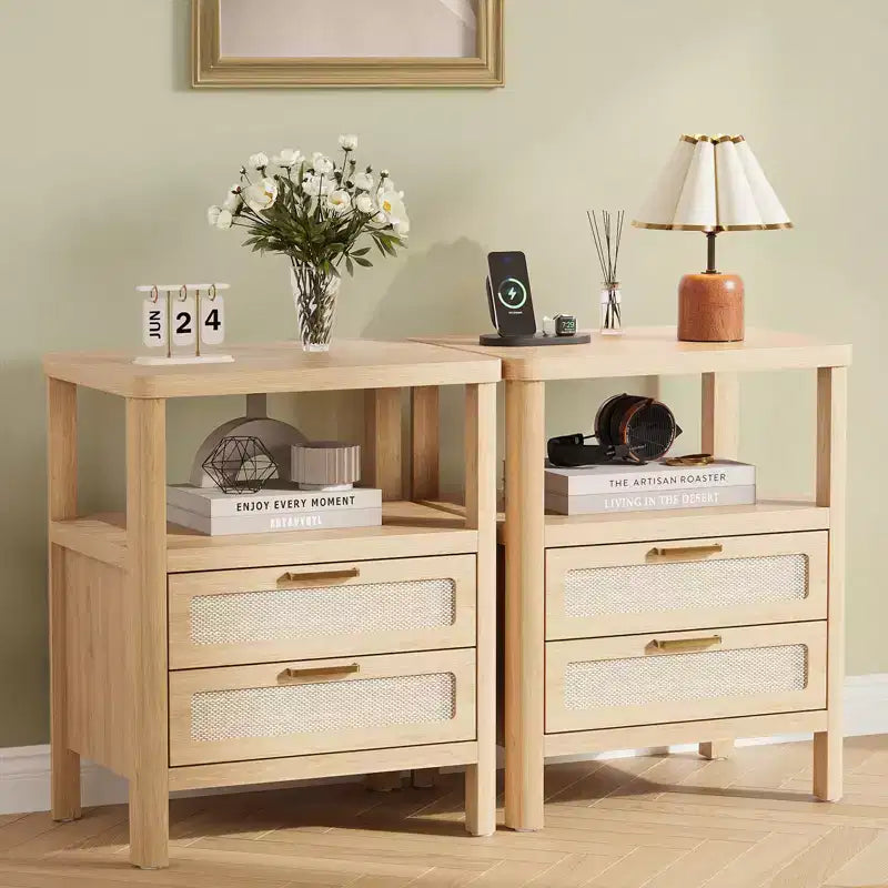 Comodini in Rattan Set da 2, Comodini Moderni con 2 Cassetti e Ripiano Aperto, Tavolini Laterali in Legno per Soggiorno, Camera da Leto e Ufficio