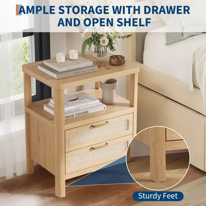 Comodini in Rattan Set da 2, Comodini Moderni con 2 Cassetti e Ripiano Aperto, Tavolini Laterali in Legno per Soggiorno, Camera da Leto e Ufficio