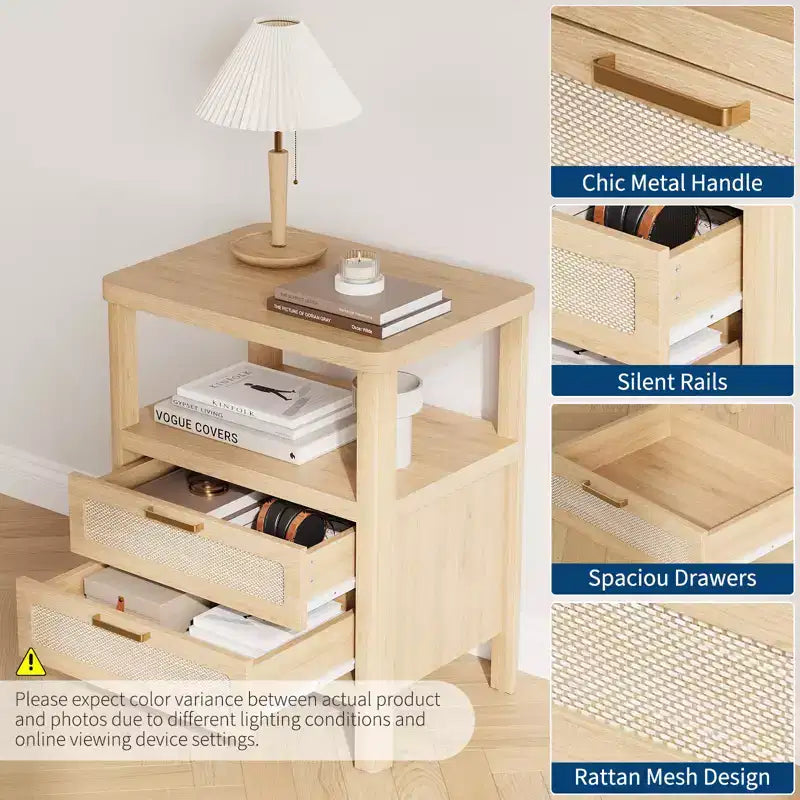 Comodini in Rattan Set da 2, Comodini Moderni con 2 Cassetti e Ripiano Aperto, Tavolini Laterali in Legno per Soggiorno, Camera da Leto e Ufficio
