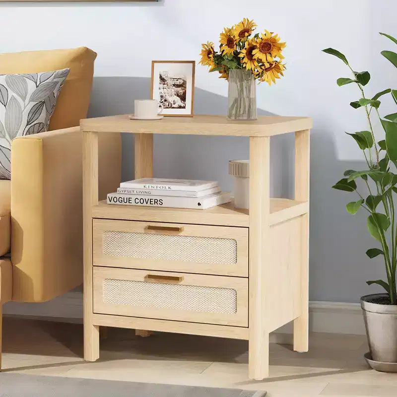 Comodini in Rattan Set da 2, Comodini Moderni con 2 Cassetti e Ripiano Aperto, Tavolini Laterali in Legno per Soggiorno, Camera da Leto e Ufficio