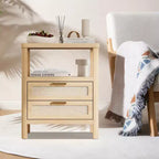 Comodini in Rattan Set da 2, Comodini Moderni con 2 Cassetti e Ripiano Aperto, Tavolini Laterali in Legno per Soggiorno, Camera da Leto e Ufficio