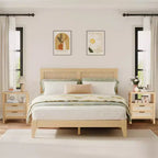 Comodini in Rattan Set da 2, Comodini Moderni con 2 Cassetti e Ripiano Aperto, Tavolini Laterali in Legno per Soggiorno, Camera da Leto e Ufficio
