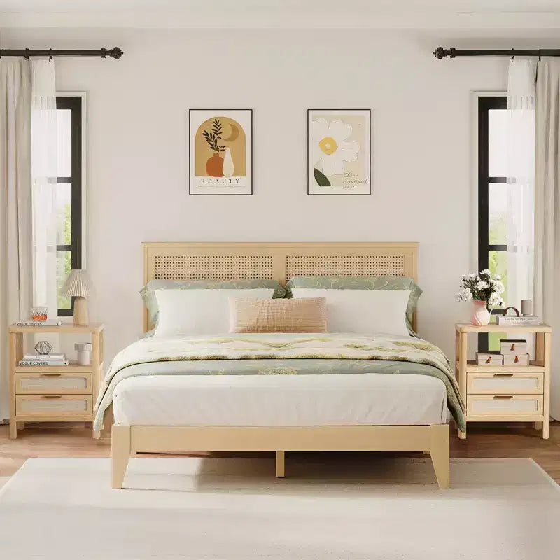 Comodini in Rattan Set da 2, Comodini Moderni con 2 Cassetti e Ripiano Aperto, Tavolini Laterali in Legno per Soggiorno, Camera da Leto e Ufficio