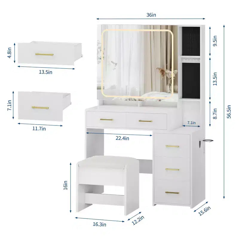 COZONY Set Toeletta con Specchio e Luci, Scrivania Trucco con 5 Cassetti, Sgabello e Presa di Corrente, Tavolo da Trucco con Illuminazione Regolabile a 3 Colori