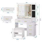 COZONY Set Toeletta con Specchio e Luci, Scrivania Trucco con 5 Cassetti, Sgabello e Presa di Corrente, Tavolo da Trucco con Illuminazione Regolabile a 3 Colori