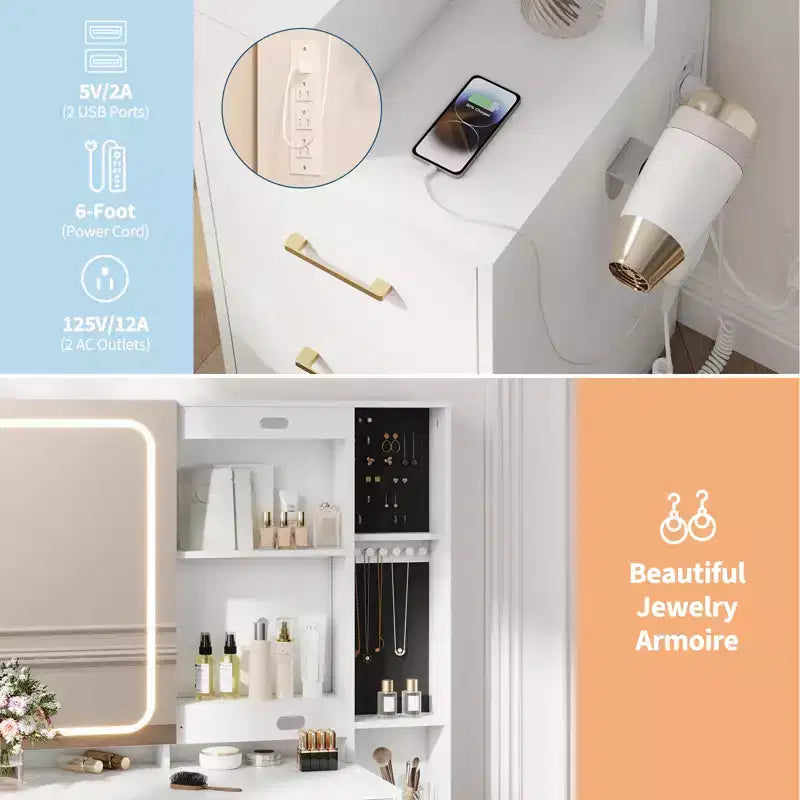COZONY Set Toeletta con Specchio e Luci, Scrivania Trucco con 5 Cassetti, Sgabello e Presa di Corrente, Tavolo da Trucco con Illuminazione Regolabile a 3 Colori