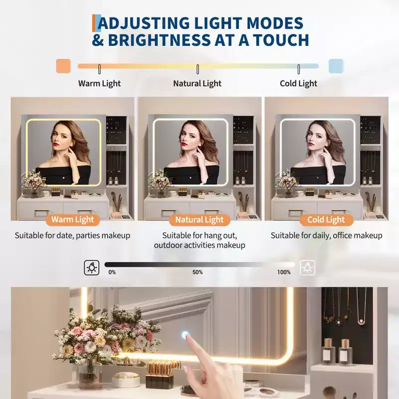 COZONY Set Toeletta con Specchio e Luci, Scrivania Trucco con 5 Cassetti, Sgabello e Presa di Corrente, Tavolo da Trucco con Illuminazione Regolabile a 3 Colori