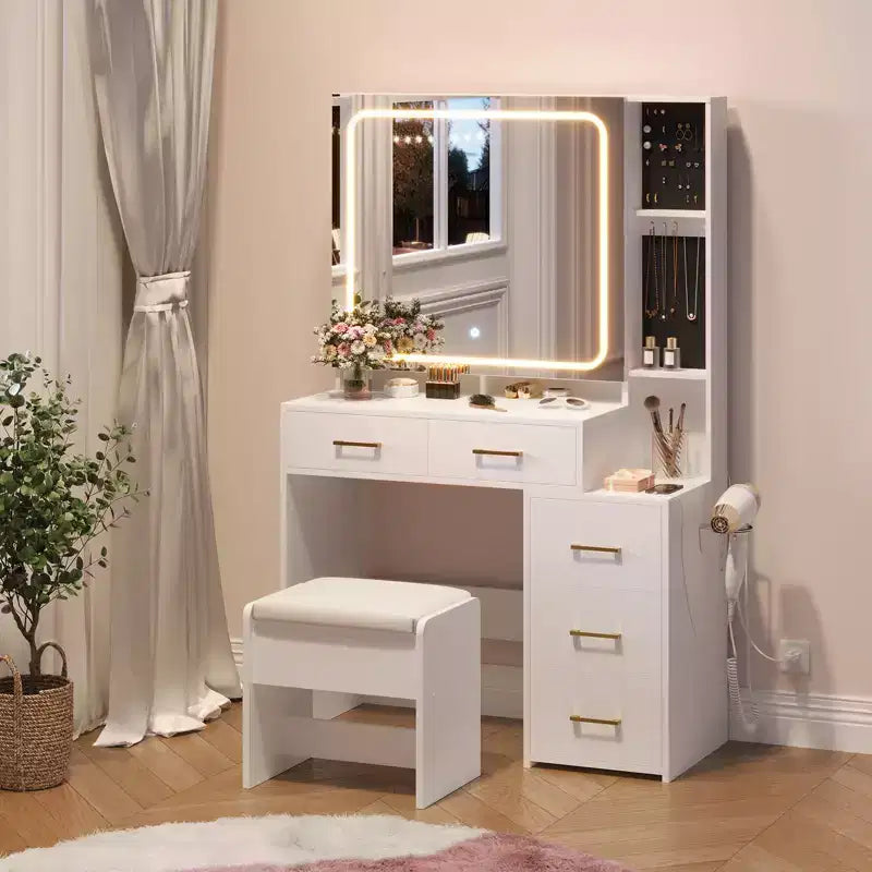 COZONY Set Toeletta con Specchio e Luci, Scrivania Trucco con 5 Cassetti, Sgabello e Presa di Corrente, Tavolo da Trucco con Illuminazione Regolabile a 3 Colori