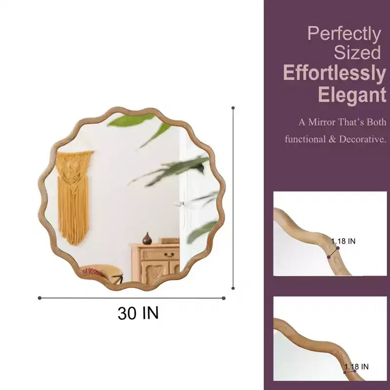 PexFix Specchio decorativo da parete moderno rustico, con cornice rotonda ondulata in legno massiccio, da 30", per camera da letto, bagno, soggiorno, ingresso, legno naturale