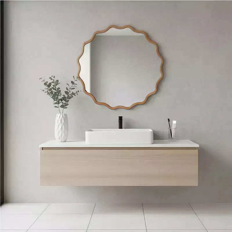 PexFix Specchio decorativo da parete moderno rustico, con cornice rotonda ondulata in legno massiccio, da 30", per camera da letto, bagno, soggiorno, ingresso, legno naturale