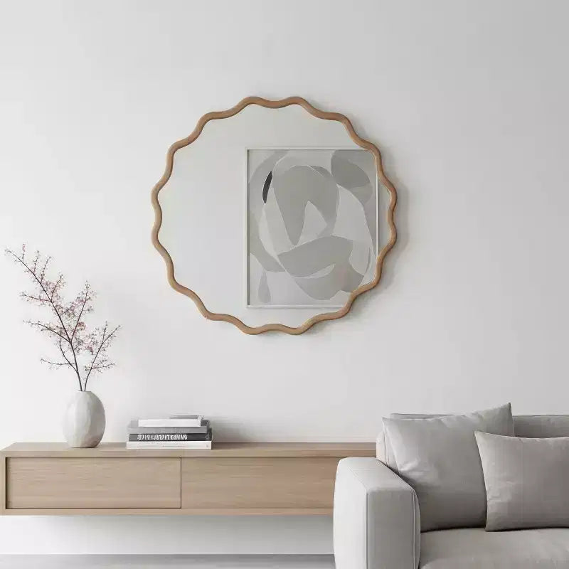 PexFix Specchio decorativo da parete moderno rustico, con cornice rotonda ondulata in legno massiccio, da 30", per camera da letto, bagno, soggiorno, ingresso, legno naturale
