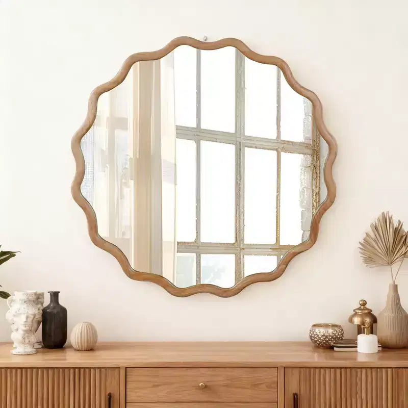 PexFix Specchio decorativo da parete moderno rustico, con cornice rotonda ondulata in legno massiccio, da 30", per camera da letto, bagno, soggiorno, ingresso, legno naturale