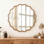 PexFix Specchio decorativo da parete moderno rustico, con cornice rotonda ondulata in legno massiccio, da 30", per camera da letto, bagno, soggiorno, ingresso, legno naturale