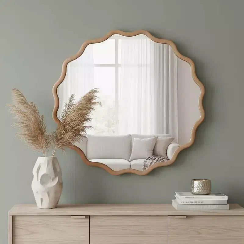 PexFix Specchio decorativo da parete moderno rustico, con cornice rotonda ondulata in legno massiccio, da 30", per camera da letto, bagno, soggiorno, ingresso, legno naturale